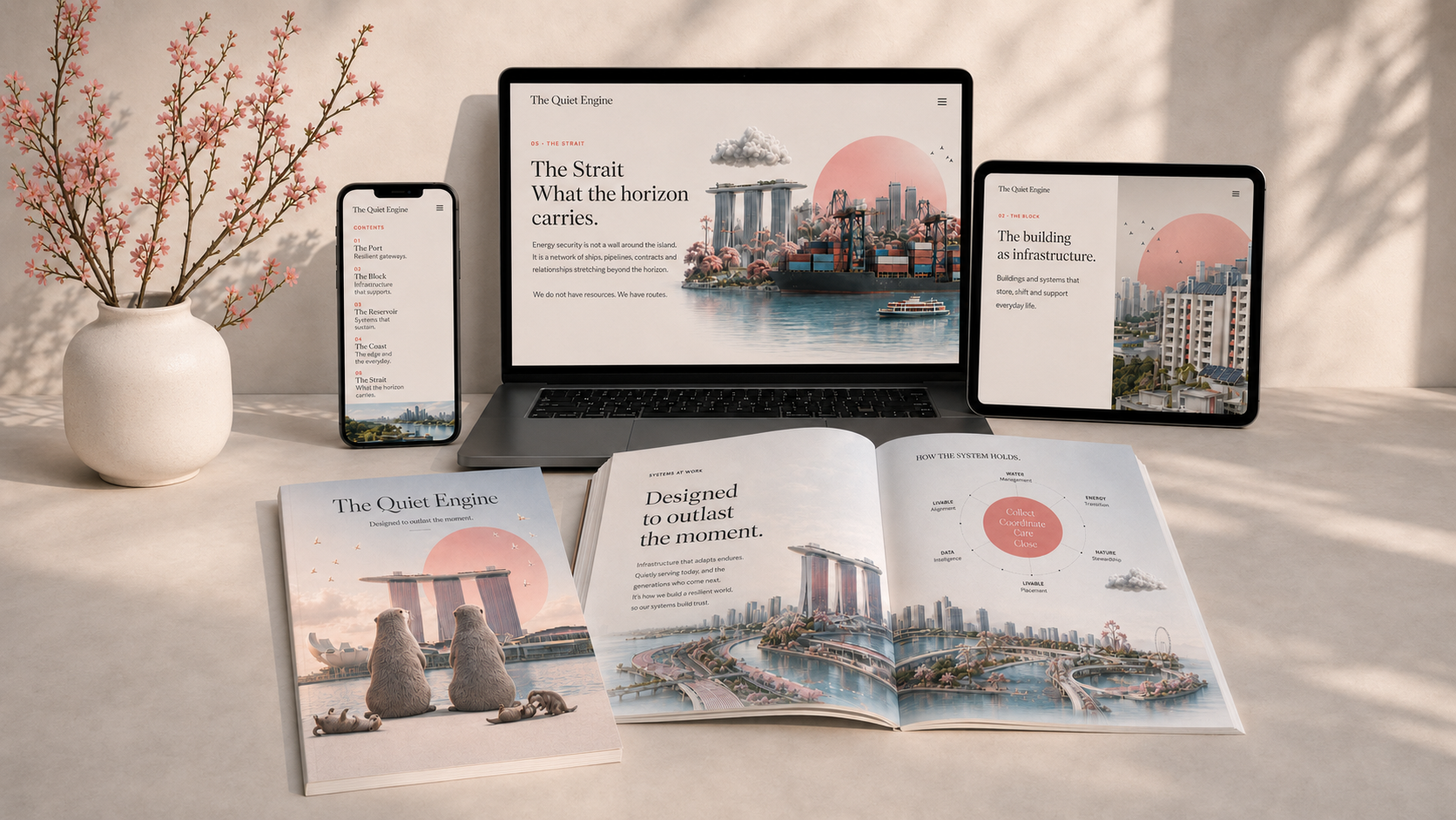 The Quiet Engine shown as a completed digital publication across phone, laptop and tablet, alongside its printed cover and an open centre spread.