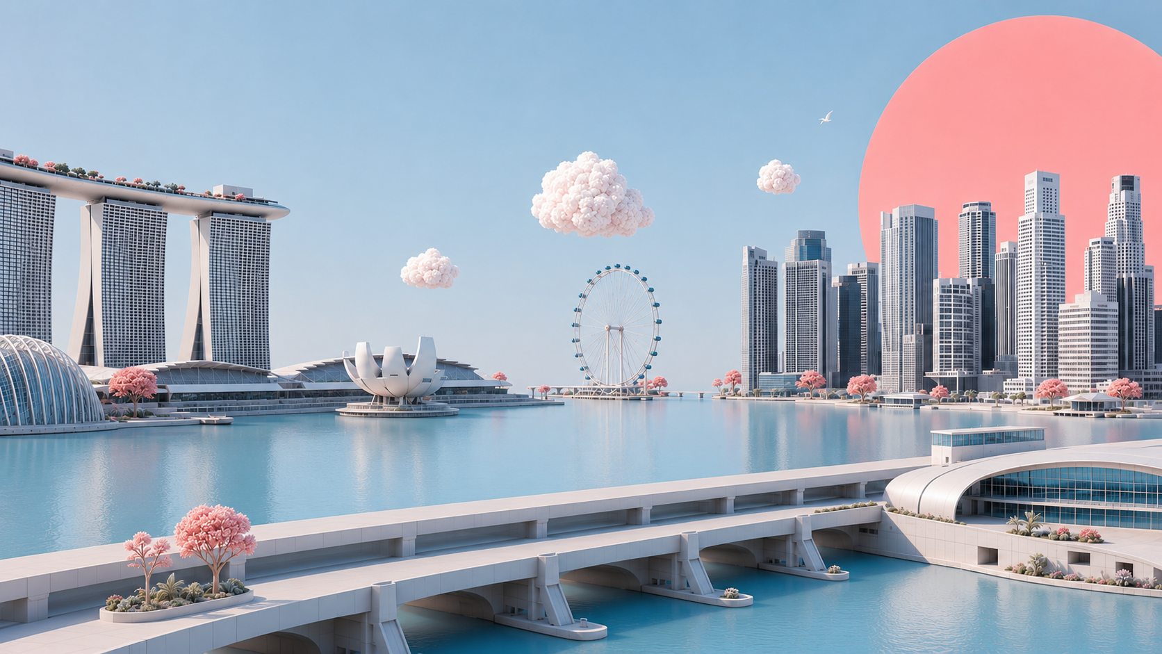 A quiet pastel view of Marina Bay and Marina Barrage beneath a coral sun.