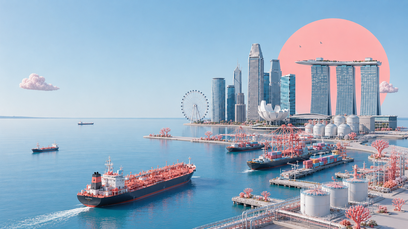 Singapore's port, tankers and energy infrastructure connected to the city across the strait.