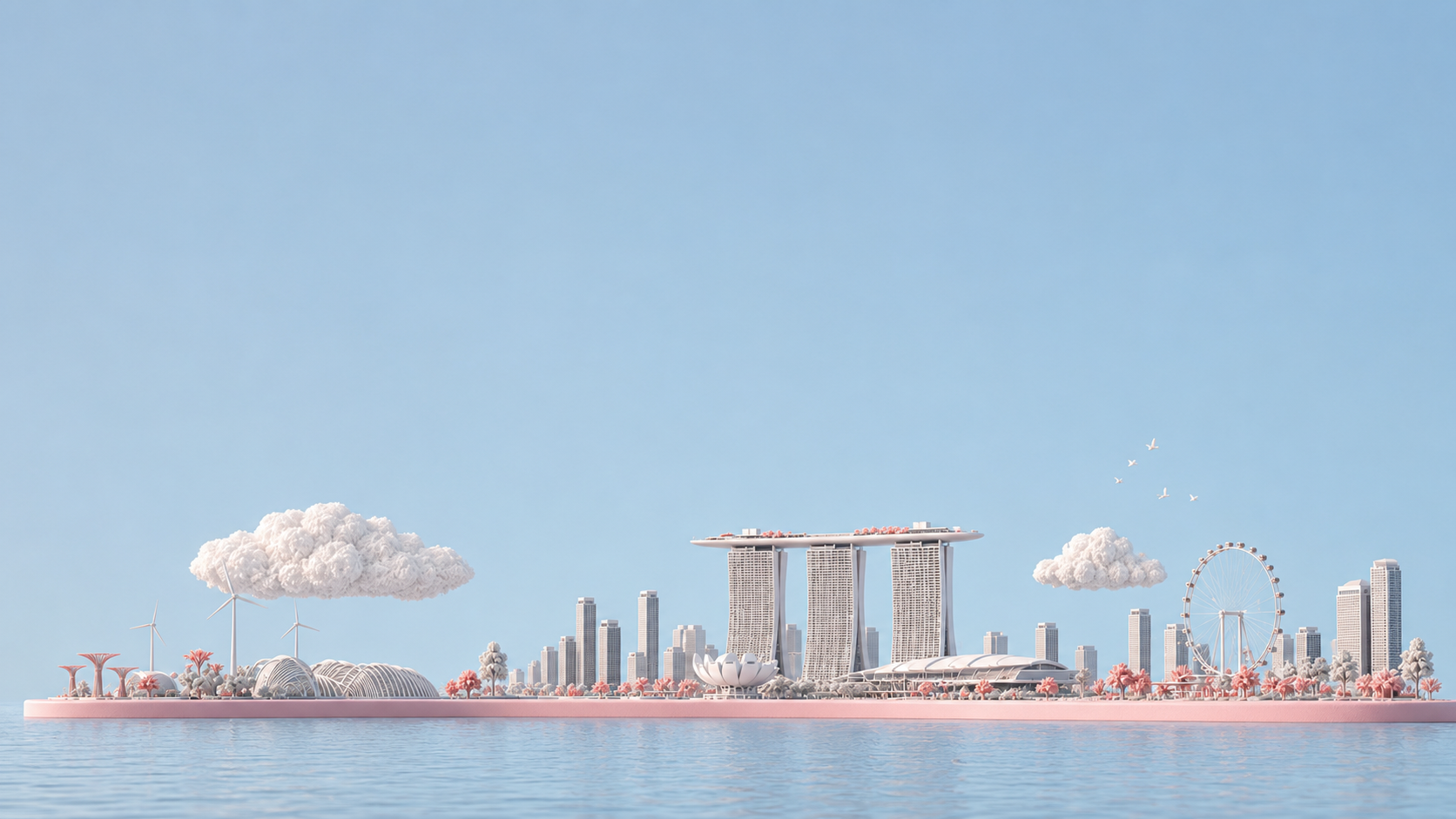 A quiet miniature Singapore skyline resting on a wide horizon of water and sky.