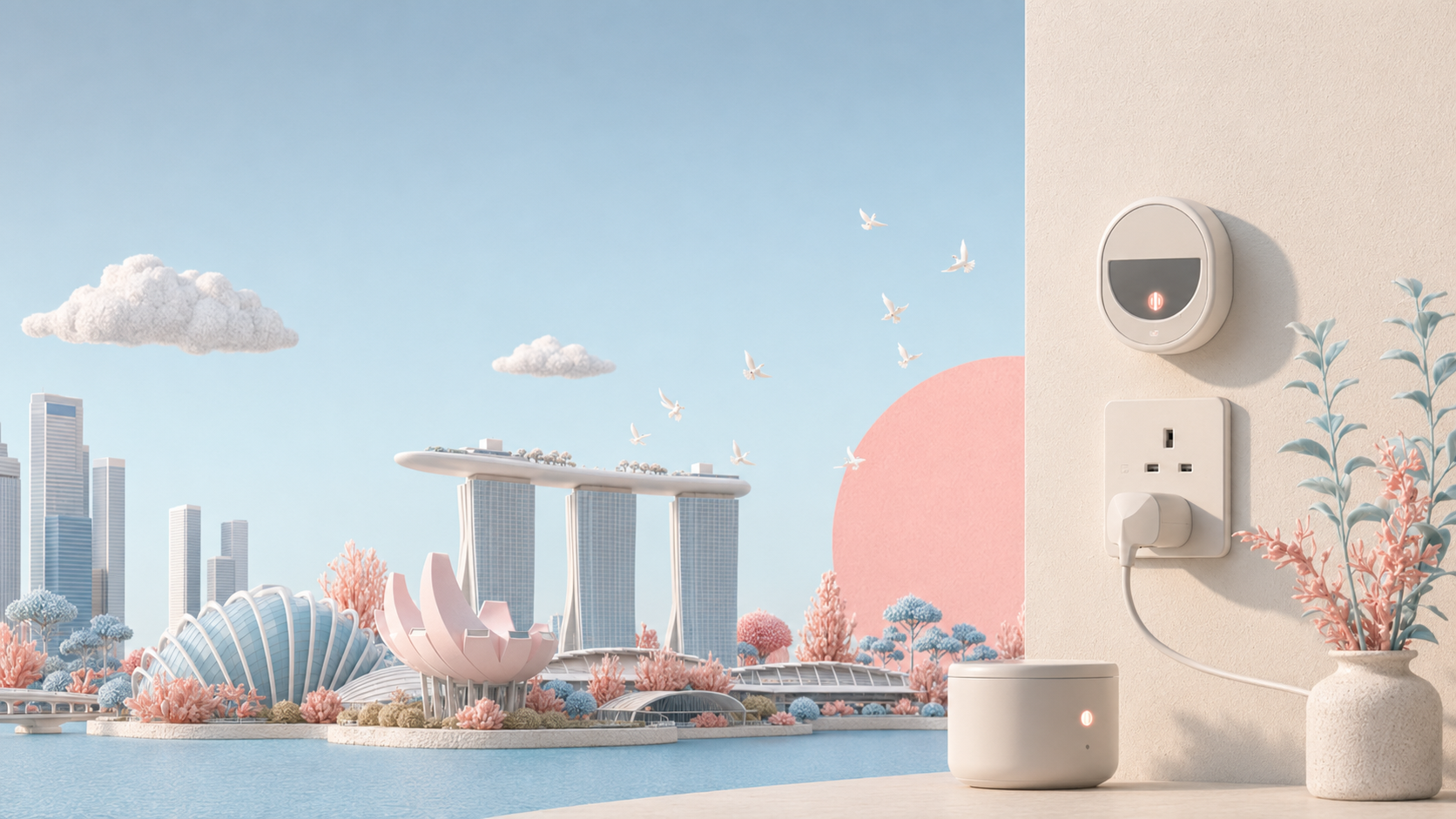 A miniature domestic energy scene with a Singapore skyline and a wall socket.
