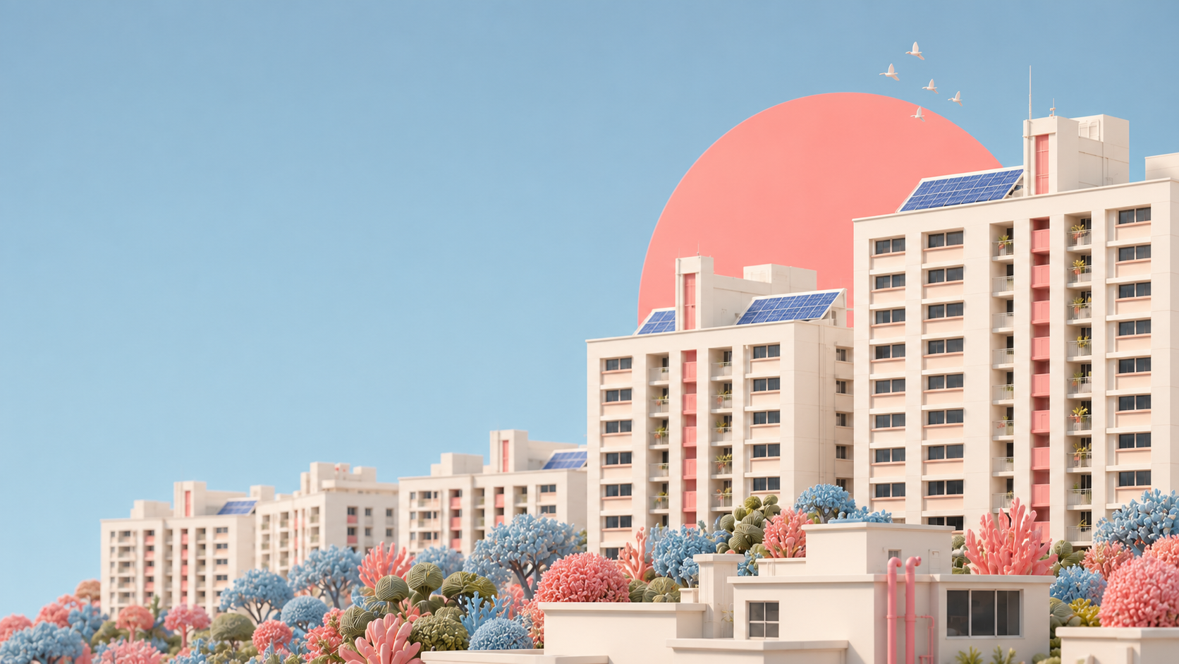 Pastel miniature HDB blocks with rooftop solar panels under a soft blue sky.
