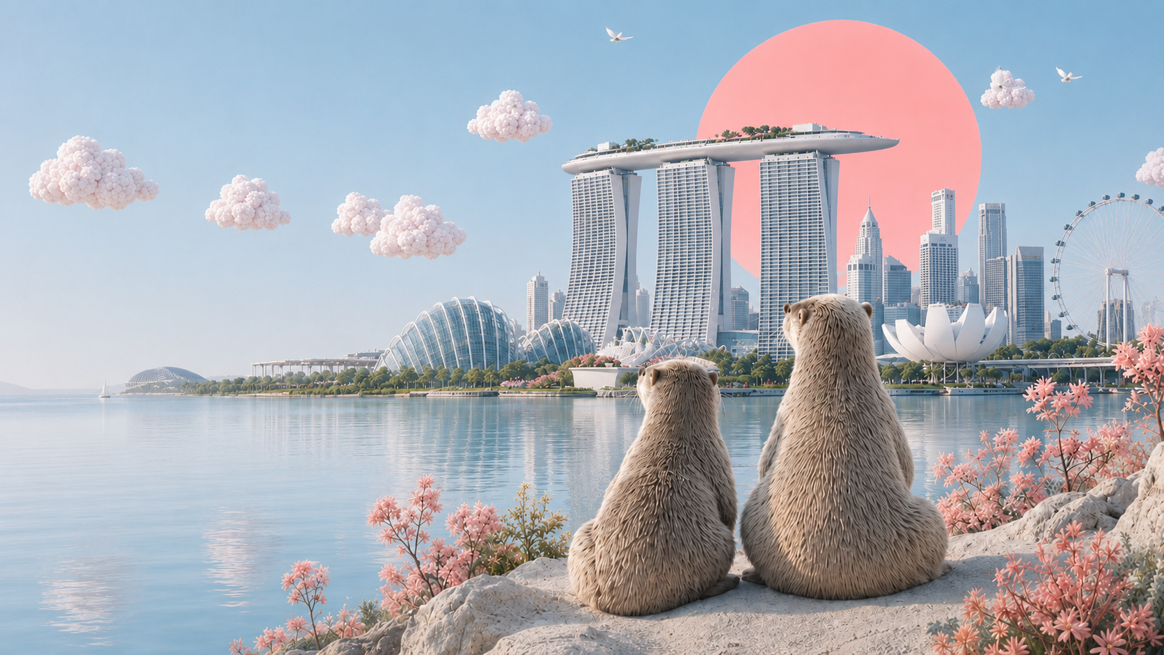 Two otters looking across a miniature Singapore waterfront under a cool blue sky.