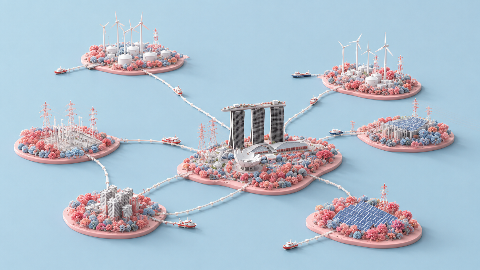 A pastel civic-surrealist network of Southeast Asian energy islands linked to Singapore.